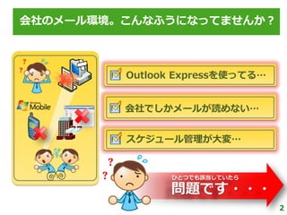 会社のメール環境。こんなふうになってませんか？



         Outlook Expressを使ってる…


         会社でしかメールが読めない…


         スケジュール管理が大変…


               ひとつでも該当していたら

               問題です・・・
                                 2
 