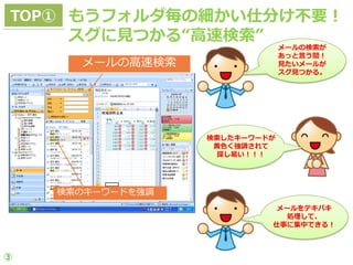 POINT IN CHECK -Scene 1-
TOP① もうフォルダ毎の細かい仕分け不要！
     スグに見つかる“高速検索”
                               メールの検索が
                               あっと言う間！
      メールの高速検索                 見たいメールが
                               スグ見つかる。




                  検索したキーワードが
                   黄色く強調されて
                   探し易い！！！




    検索のキーワードを強調
                            メールをテキパキ
                             処理して、
                           仕事に集中できる！



③
 