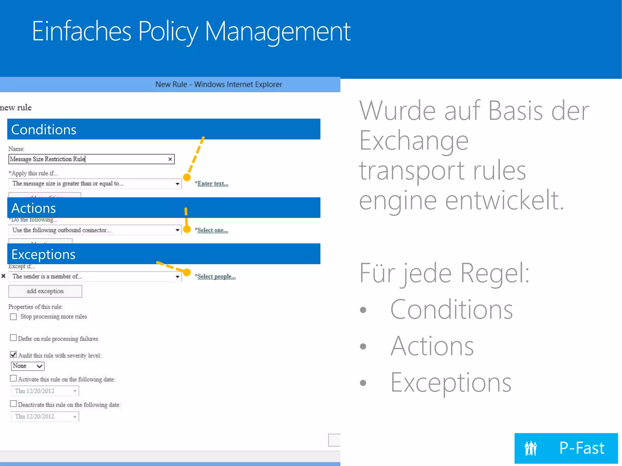 Einfaches Policy Management
Conditions
Actions
Exceptions
Wurde auf Basis der
Exchange
transport rules
engine entwickelt.
Für jede Regel:
• Conditions
• Actions
• Exceptions
 