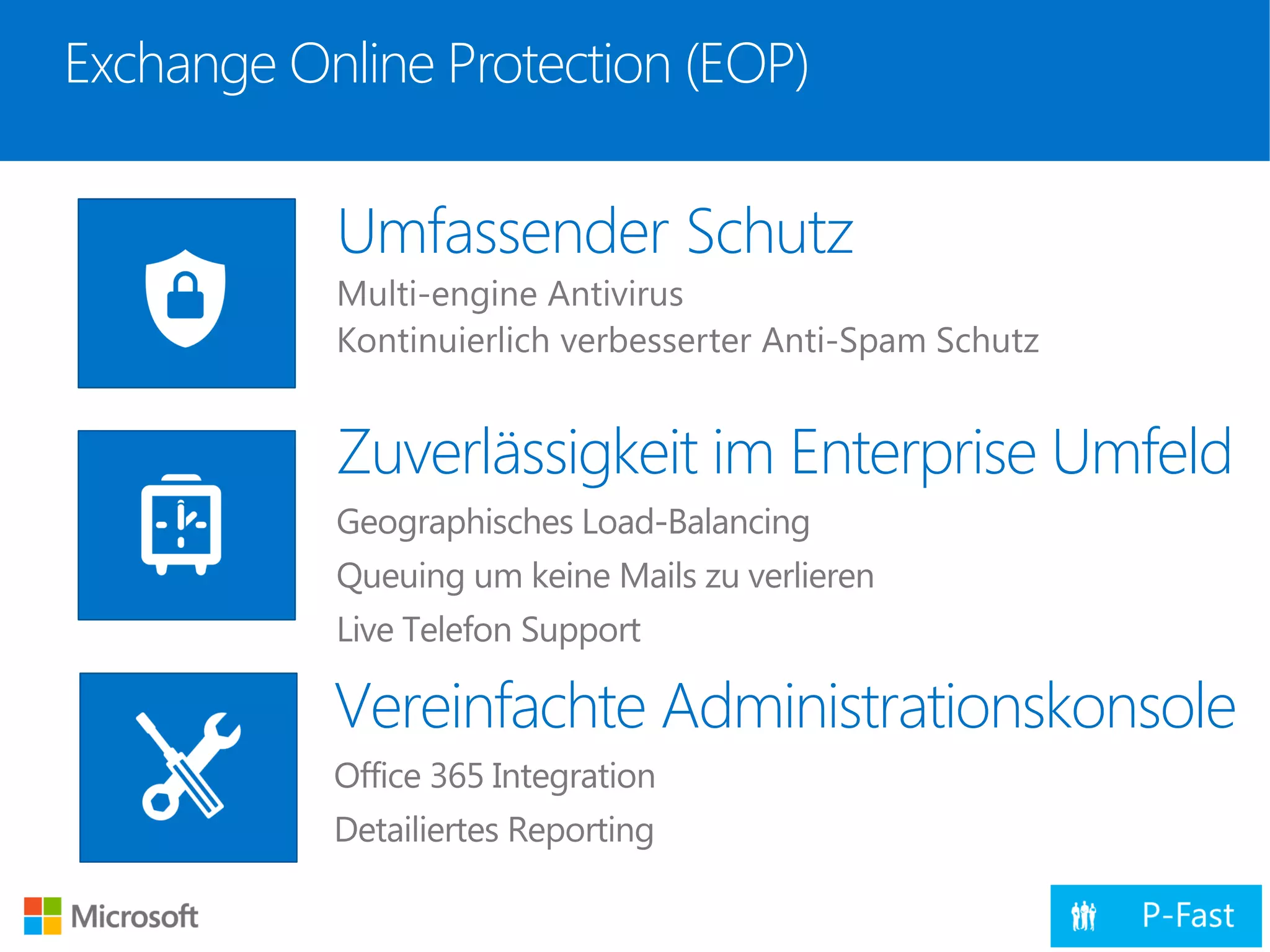 Exchange Online Protection (EOP)
Umfassender Schutz
Zuverlässigkeit im Enterprise Umfeld
Vereinfachte Administrationskonsole
 