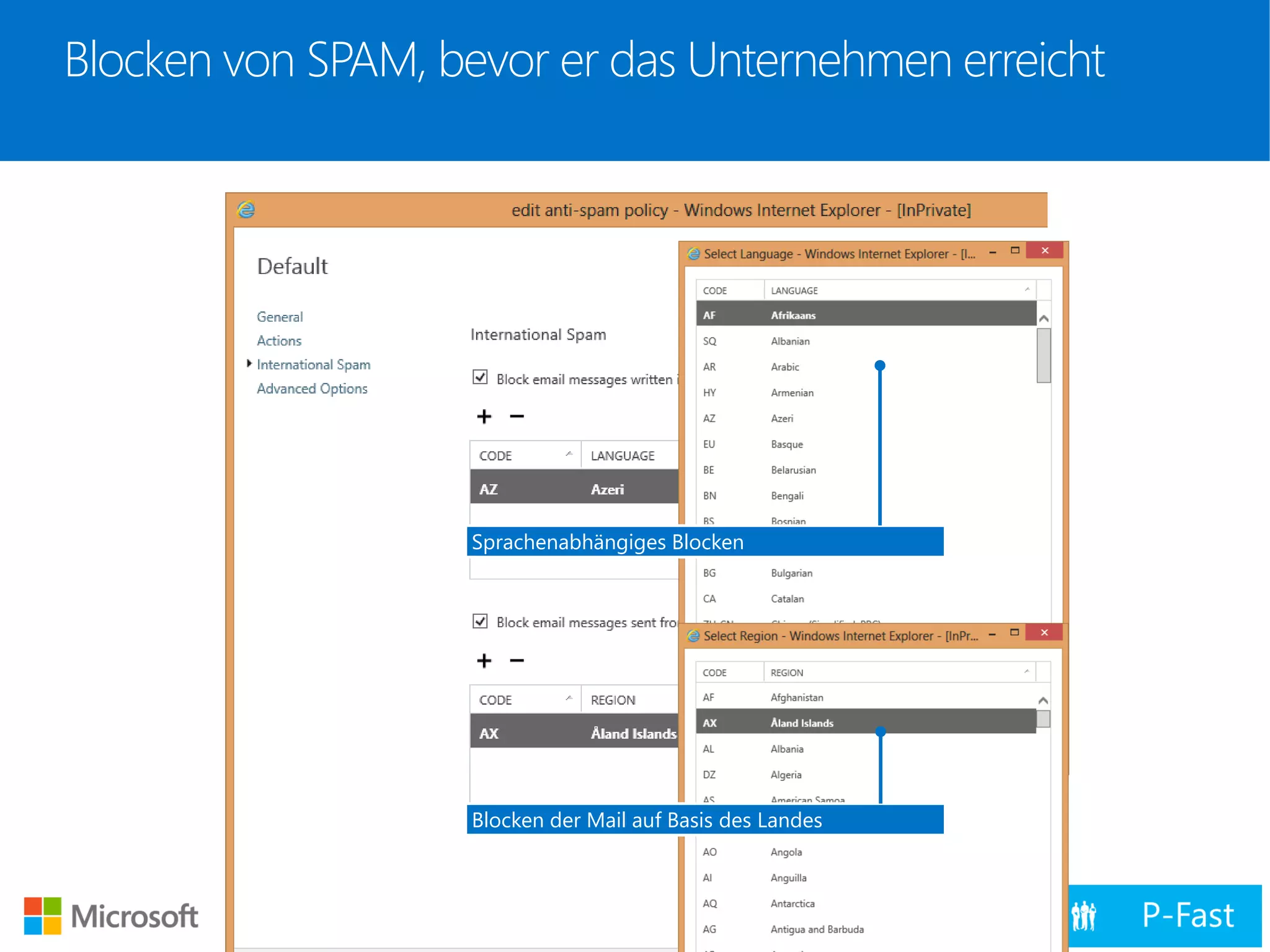 Blocken von SPAM, bevor er das Unternehmen erreicht
Sprachenabhängiges Blocken
Blocken der Mail auf Basis des Landes
 