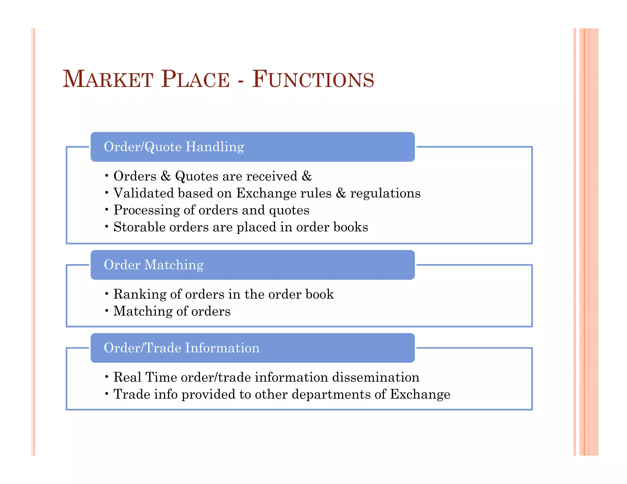 MARKET PLACE - FUNCTIONS

   Order/Quote Handling

   • Orders & Quotes are received &
   • Validated based on Exchange rules & regulations
   • Processing of orders and quotes
   • Storable orders are placed in order books

   Order Matching

   • Ranking of orders in the order book
   • Matching of orders

   Order/Trade Information

   • Real Time order/trade information dissemination
   • Trade info provided to other departments of Exchange
 