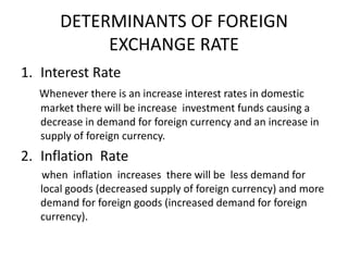 DETERMINANTS OF FOREIGN
            EXCHANGE RATE
1. Interest Rate
  Whenever there is an increase interest rates in domestic
  market there will be increase investment funds causing a
  decrease in demand for foreign currency and an increase in
  supply of foreign currency.
2. Inflation Rate
   when inflation increases there will be less demand for
   local goods (decreased supply of foreign currency) and more
   demand for foreign goods (increased demand for foreign
   currency).
 