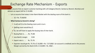 Exchange Rate Mechanism - Exports
 Let us assume that an export customer banking with a B Category Branch, Santacruz Branch, Mumbai and
delivers an export bill for $ 10,000.
o Let us assume that today’s Inter-Bank Market with the dealing room of the bank is:
o 1$ = Rs. 75.80/82
o What Santacruz branch is doing?
 It will sell $ to the Dealing room and in turn:
 Dealing room would buy $.
 So, we will have to apply the buying rate of inter-bank.
 Buying Rate is. . . . . Rs. 75.80
 Less Bank’s margin 0.04
 Export rate is . . : Rs. 75.76
 Exporter would get Rs. 75.76 x $ 10,000 = Rs. 7,57,600/- (or account is credited) and in the process
Margin earned by the Bank 0.04 x $ 10,000 = Rs. 400/-.
 