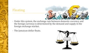 Floating
• Under this system, the exchange rate between domestic currency and
the foreign currency is determined by the demand and supply in the
foreign exchange market.
• The Jamaican dollar floats.
 