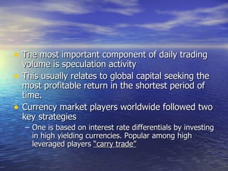 The most important component of daily trading volume is speculation activity This usually relates to global capital seeking the most profitable return in the shortest period of time. Currency market players worldwide followed two key strategies  One is based on interest rate differentials by investing in high yielding currencies. Popular among high leveraged players  “carry trade” 