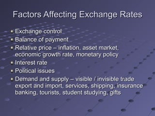 Factors Affecting Exchange Rates Exchange control Balance of payment Relative price – inflation, asset market, economic growth rate, monetary policy Interest rate  Political issues Demand and supply – visible / invisible trade export and import, services, shipping, insurance banking, tourists, student studying, gifts  