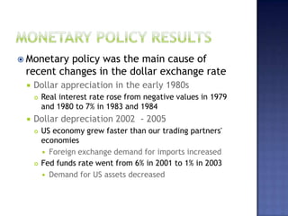  Monetary policy was the main cause of
recent changes in the dollar exchange rate
 Dollar appreciation in the early 1980s
 Real interest rate rose from negative values in 1979
and 1980 to 7% in 1983 and 1984
 Dollar depreciation 2002 - 2005
 US economy grew faster than our trading partners'
economies
 Foreign exchange demand for imports increased
 Fed funds rate went from 6% in 2001 to 1% in 2003
 Demand for US assets decreased
 