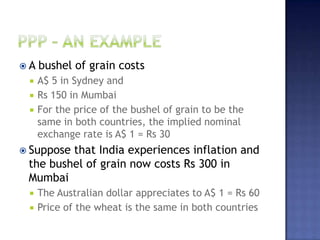  A bushel of grain costs
 A$ 5 in Sydney and
 Rs 150 in Mumbai
 For the price of the bushel of grain to be the
same in both countries, the implied nominal
exchange rate is A$ 1 = Rs 30
 Suppose that India experiences inflation and
the bushel of grain now costs Rs 300 in
Mumbai
 The Australian dollar appreciates to A$ 1 = Rs 60
 Price of the wheat is the same in both countries
 
