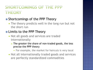  Shortcomings of the PPP Theory
 The theory predicts well in the long run but not
the short run
 Limits to the PPP Theory
 Not all goods and services are traded
internationally
 The greater the share of non-traded goods, the less
precise the PPP theory
 For example, the market for haircuts is very local
 Not all internationally traded goods and services
are perfectly standardized commodities
 