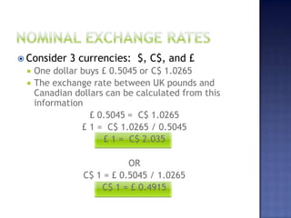  Consider 3 currencies: $, C$, and £
 One dollar buys £ 0.5045 or C$ 1.0265
 The exchange rate between UK pounds and
Canadian dollars can be calculated from this
information
£ 0.5045 = C$ 1.0265
£ 1 = C$ 1.0265 / 0.5045
£ 1 = C$ 2.035
OR
C$ 1 = £ 0.5045 / 1.0265
C$ 1 = £ 0.4915
 