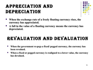16 
aappppRReecciiaattiioonn aanndd 
ddeeppRReecciiaattiioonn 
 WWhheenn tthhee eexxcchhaannggee rraattee ooff aa ffrreeeellyy ffllooaattiinngg ccuurrrreennccyy rriisseess,, tthhee 
ccuurrrreennccyy hhaass aapppprreecciiaatteedd.. 
 AA ffaallll iinn tthhee vvaalluuee ooff aa ffllooaattiinngg ccuurrrreennccyy mmeeaannss tthhee ccuurrrreennccyy hhaass 
ddeepprreecciiaatteedd.. 
RReevvaalluuaattiioonn aanndd ddeevvaalluuaattiioonn 
 WWhheenn tthhee ggoovveerrnnmmeenntt rree--ppeeggss aa ffiixxeedd// ppeeggggeedd ccuurrrreennccyy,, tthhee ccuurrrreennccyy hhaass 
bbeeeenn rreevvaalluueedd.. 
 WWhheenn aa ffiixxeedd oorr ppeeggggeedd ccuurrrreennccyy iiss rreeaalliiggnneedd ttoo aa lloowweerr vvaalluuee,, tthhee ccuurrrreennccyy 
hhaass ddeevvaalluueedd.. 
 