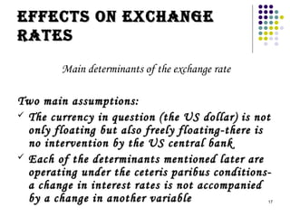17 
EEffffEEccttss oonn EExxcchhaannggEE 
rraattEEss 
Main determinants of the exchange rate 
TTwwoo mmaaiinn aassssuummppttiioonnss:: 
 TThhee ccuurrrreennccyy iinn qquueessttiioonn ((tthhee UUSS ddoollllaarr)) iiss nnoott 
oonnllyy ffllooaattiinngg bbuutt aallssoo ffrreeeellyy ffllooaattiinngg--tthheerree iiss 
nnoo iinntteerrvveennttiioonn bbyy tthhee UUSS cceennttrraall bbaannkk 
 EEaacchh ooff tthhee ddeetteerrmmiinnaannttss mmeennttiioonneedd llaatteerr aarree 
ooppeerraattiinngg uunnddeerr tthhee cceetteerriiss ppaarriibbuuss ccoonnddiittiioonnss-- 
aa cchhaannggee iinn iinntteerreesstt rraatteess iiss nnoott aaccccoommppaanniieedd 
bbyy aa cchhaannggee iinn aannootthheerr vvaarriiaabbllee 
 