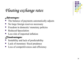 26 
FFllooaattiinngg eexxcchhaannggee rraatteess 
Advantages: 
 The balance of payments automatically adjusts 
 No large foreign reserves necessary 
 Freedom in domestic/ monetary policies 
 Reduced Speculation 
 Less risk of imported inflation 
Disadvantages: 
 Instability and lack of predictability 
 Lack of monetary/ fiscal prudence 
 Loss of competitiveness and efficiency 
 