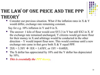32 
tthhee llaaww ooFF oonnee pprrIICCee aannDD tthhee pppppp 
tthheeoorryy 
 Consider our previous situation. What if the inflation rates in X & Y 
would differ, exchange rate remaining constant. 
Say for e.g. 10% inflation in Y and 0 in X. 
 The answer: 1 kilo of flour would cost $Y3.3 in Y but still $X2 in X. If 
the exchange rate remained unchanged, Y citizens would get more flour 
for their money in X and arbitrage would be conducted in the other 
direction – Y would import flour now. This would continue until a new 
exchange rate came in that gave both X & Y equal PPP. 
 2$X = 3.3$Y  1$X = 1.65$Y, or 1$Y = 0.60$X. 
 The X dollar has appreciated by 10% and the Y dollar has depreciated 
by 10%. 
 This is essentially the PPP theory. 
