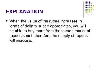5 
EXPLANATION 
When the value of the rupee increases in 
terms of dollars; rupee appreciates, you will 
be able to buy more from the same amount of 
rupees spent, therefore the supply of rupees 
will increase. 
 