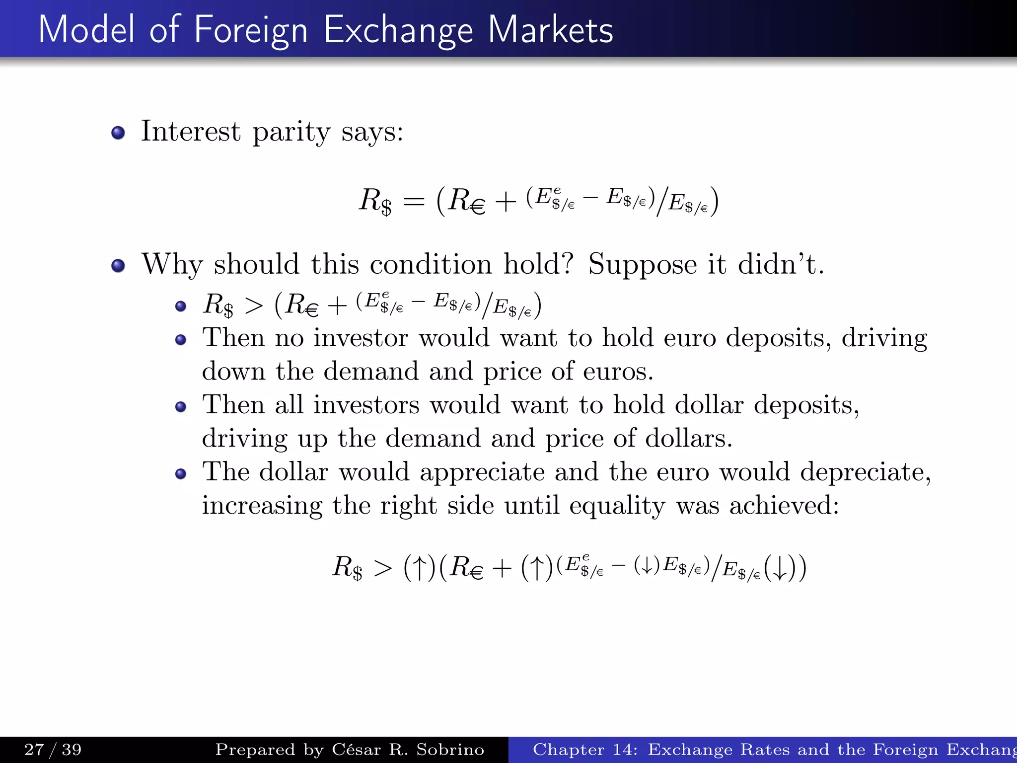 Model of Foreign Exchange Markets
Interest parity says:
R$ = (Re + (Ee
$/e
− E$/e)/E$/e)
Why should this condition hold? Suppose it didn’t.
R$ > (Re + (Ee
$/e
− E$/e)/E$/e)
Then no investor would want to hold euro deposits, driving
down the demand and price of euros.
Then all investors would want to hold dollar deposits,
driving up the demand and price of dollars.
The dollar would appreciate and the euro would depreciate,
increasing the right side until equality was achieved:
R$ > (↑)(Re + (↑)(E
e
$/e
− (↓)E$/e)/E$/e(↓))
27 / 39 Prepared by César R. Sobrino Chapter 14: Exchange Rates and the Foreign Exchang
 