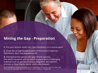 Mining the Gap - Preparation
1. Put your lecture notes into class handouts, or a course pack.
2. Show the straightforward ...