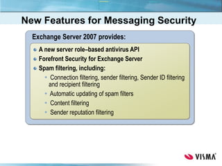 Exchange Server 2007 provides:
A new server role–based antivirus API
Forefront Security for Exchange Server
Spam filtering, including:
 Connection filtering, sender filtering, Sender ID filtering
and recipient filtering
 Automatic updating of spam filters
 Content filtering
 Sender reputation filtering
New Features for Messaging Security
 