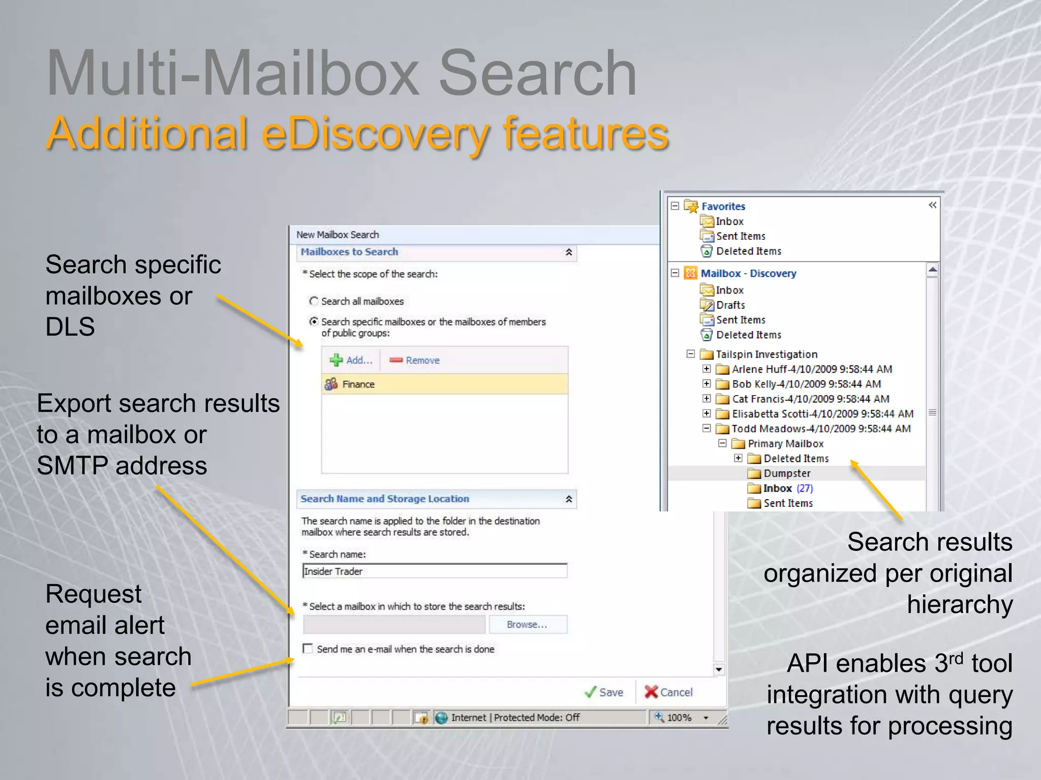 Retention Policies Move, DeleteMove Policy: Automatically moves messages to the archiveOptions: 6 months, 1 year, 2 years (default), 5 years, NeverHelps keep mailbox under quotaWorks like Outlook Auto-Archive – without creating PSTs!Delete Policy: Automatically deletes messagesDelete policies are Global (they travel with messages as they move to Archive)Removes unwanted itemsMove + Delete Policy: Automatically moves message to archive after x months and then deletes from archive after y monthsPolicy priority: Explicit policies over default policies; Longer policies apply over shorter policies