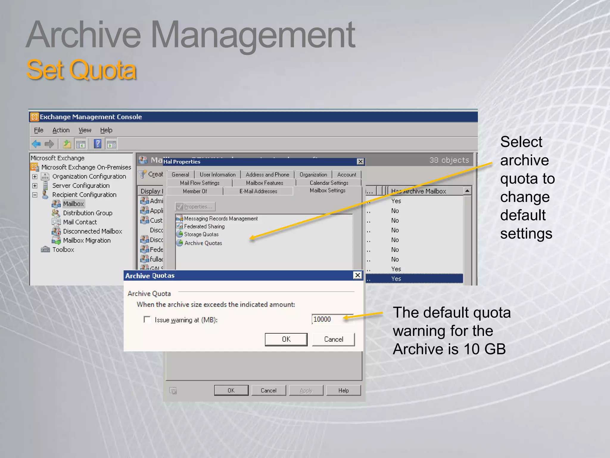 Enable virus scanning, content filtering, and content based rules on IRM-protected messagesArchive Management IT Pro PrinciplesPreserve mailbox management experience across primary and archive for the IT Pro.The archive must be associated with a primary mailbox.The archive and primary share the same user account.The IT-Pro can provision only one archive per user.  Outlook and OWA should work against the archive exactly the same as the primary.E2007-2010 Migration changes managed folder into regular folder with Delete Policy.