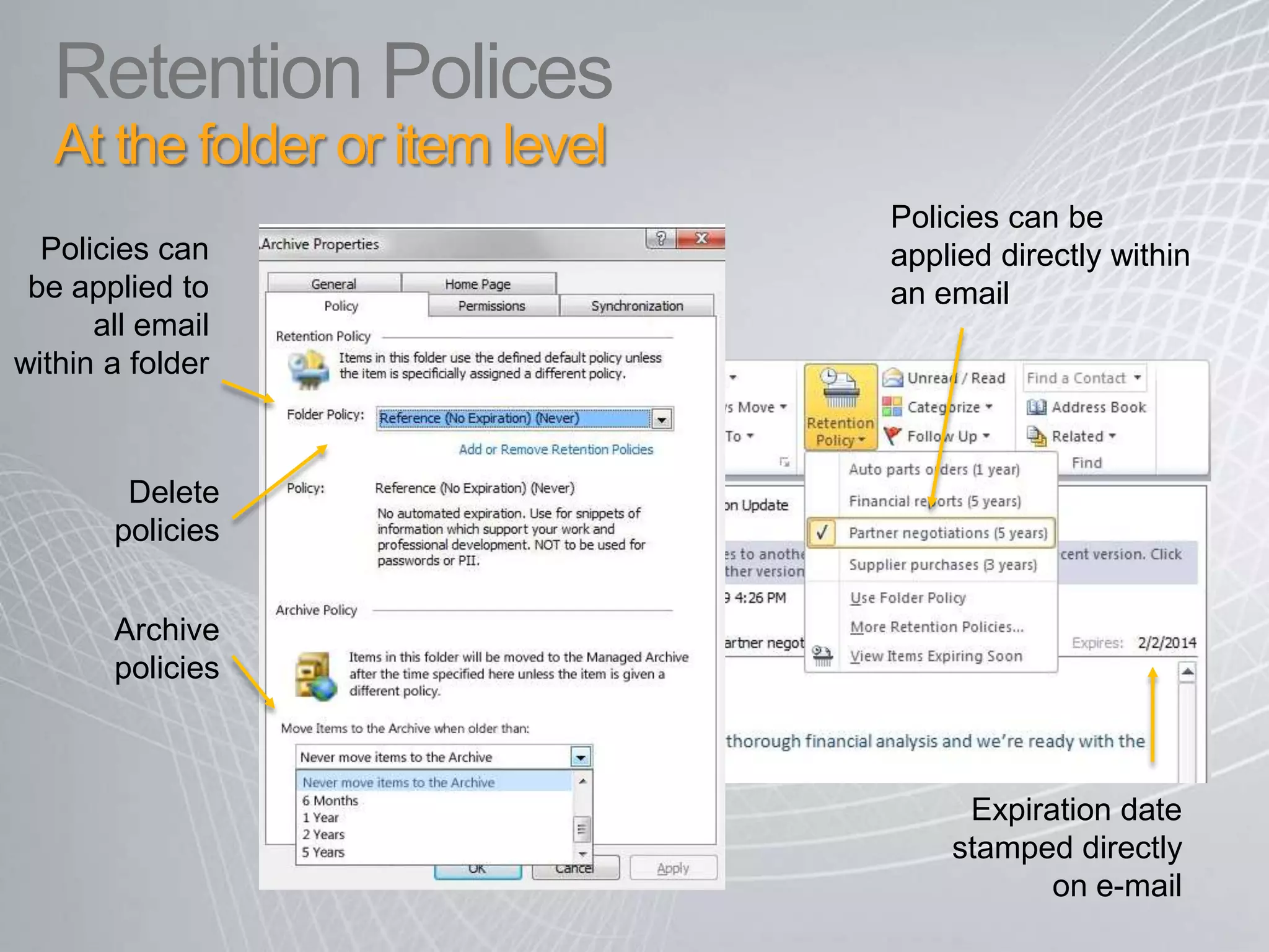 Personal ArchiveUser experienceUser can view, read, navigate, flag and reply to archived mail same as live mail Folder hierarchy from primary mailbox maintained Reply to message in archive puts message in live mail sent items (same as PSTs) User gets conversation view scoped to Archive (same as PSTs)