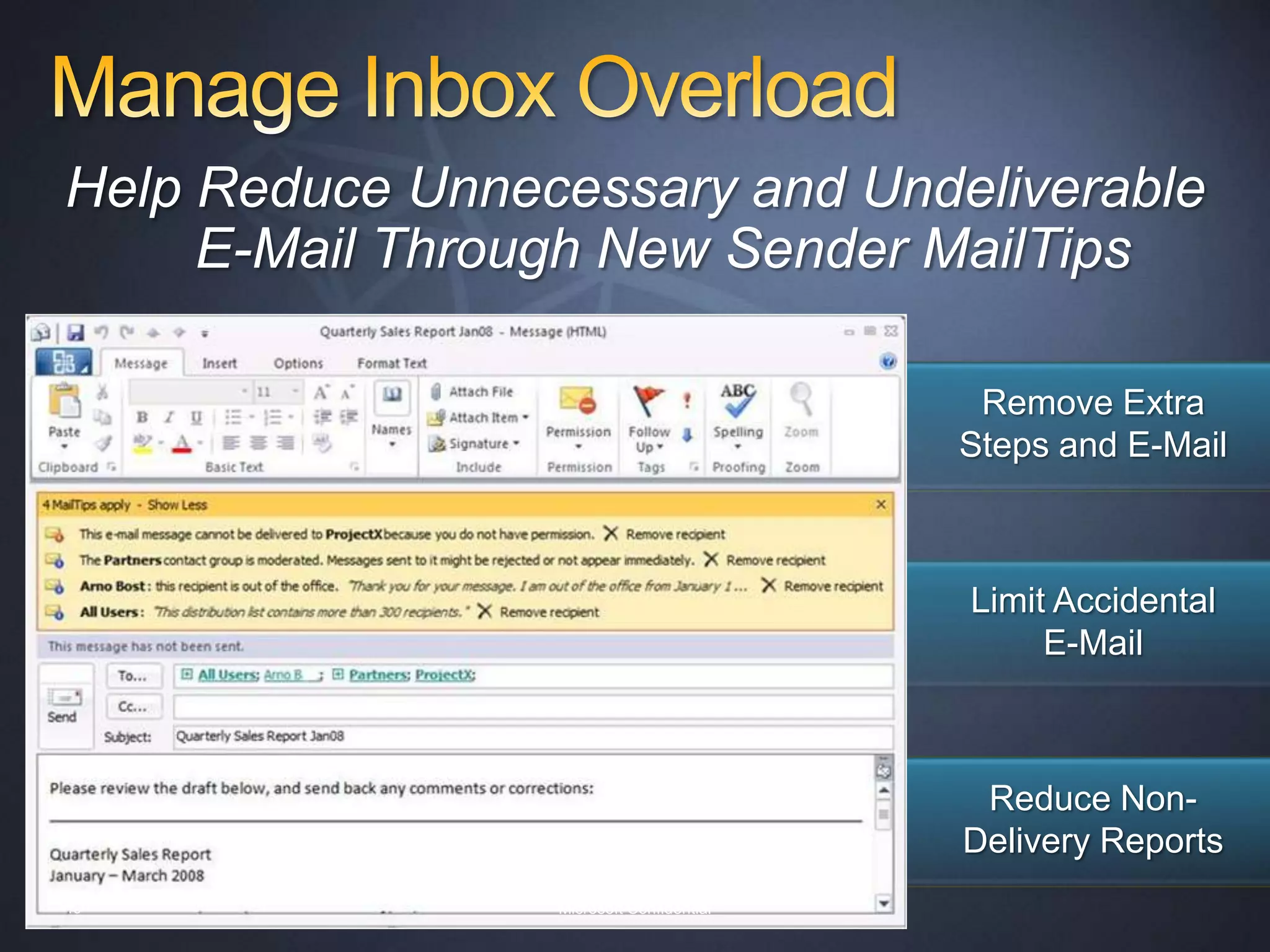 Anywhere AccessHelp manage communication overload by offering an easy to navigate, universal inbox with advanced messaging featuresDelivered in Exchange Server 2007Outlook experience on the web, phone, and mobile deviceSingle inbox for voice mail, e-mail, and moreIncreased productivity with improved calendar experienceBuilding on these Investments in Exchange Server 2010 (Beta)Easier Inbox navigation with updated conversation viewEnhanced voice mail with text previewShare free/busy calendar details with external partners11Microsoft Confidential