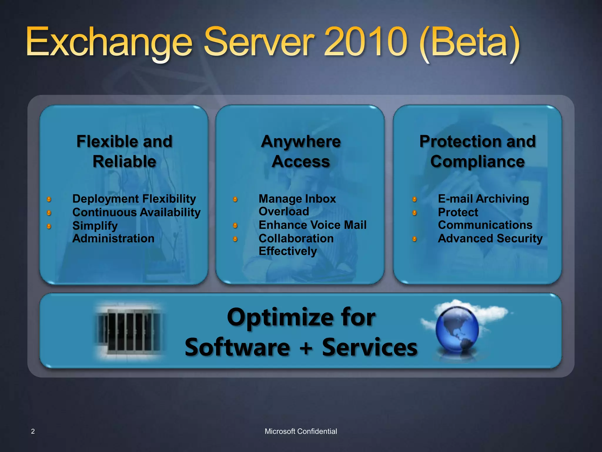 Exchange Server 2010 (Beta)Anywhere AccessProtection and ComplianceFlexible and ReliableDeployment FlexibilityContinuous AvailabilitySimplify AdministrationManage Inbox OverloadEnhance Voice MailCollaboration EffectivelyE-mail ArchivingProtect CommunicationsAdvanced SecurityOptimize for Software + Services2Microsoft Confidential