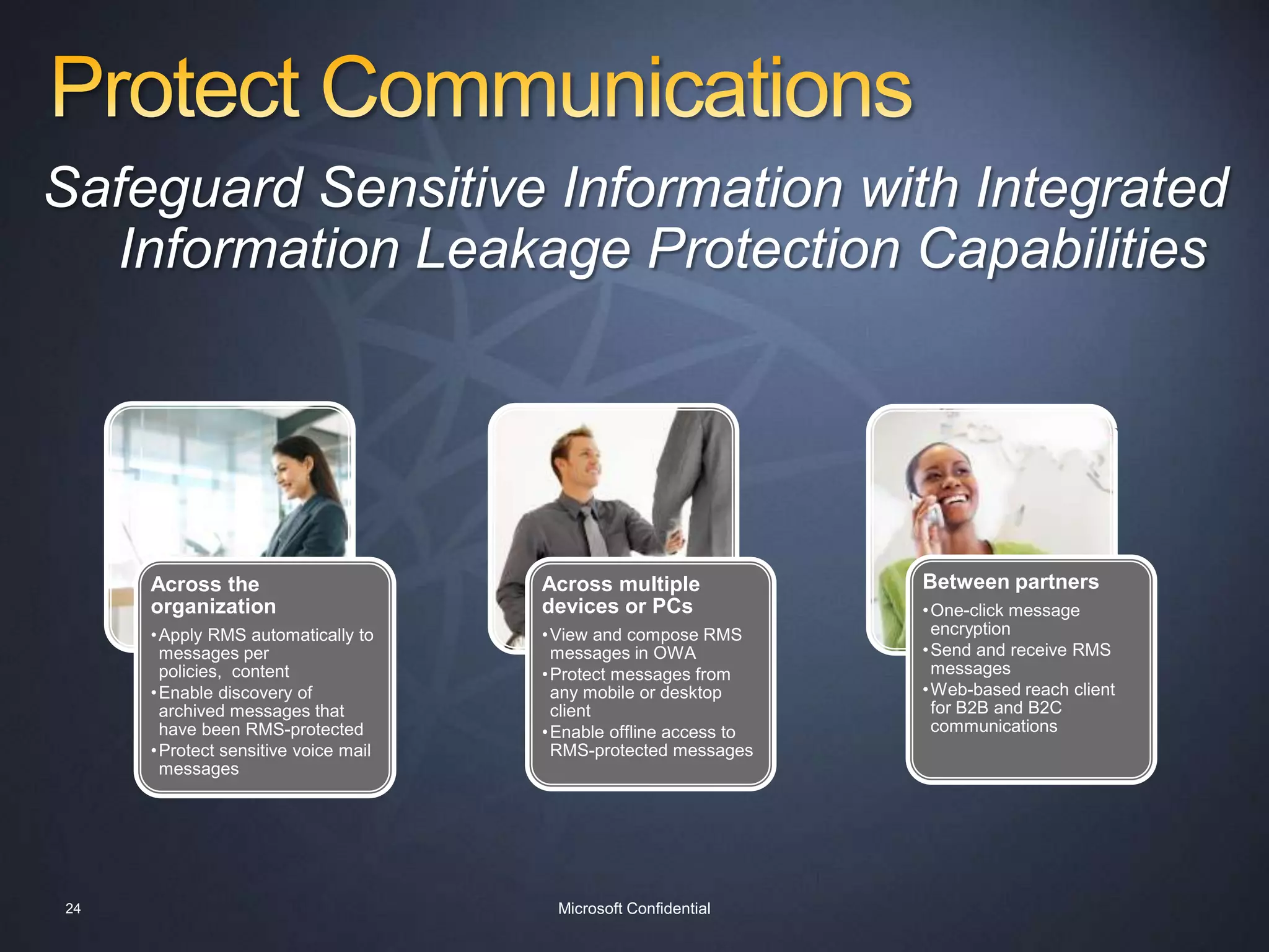 E-mail ArchivingApply Granular Per Message and Per Folder Policies as well as Legal HoldPolicy Drop Down in RibbonMessage expiration time in view22Microsoft Confidential
