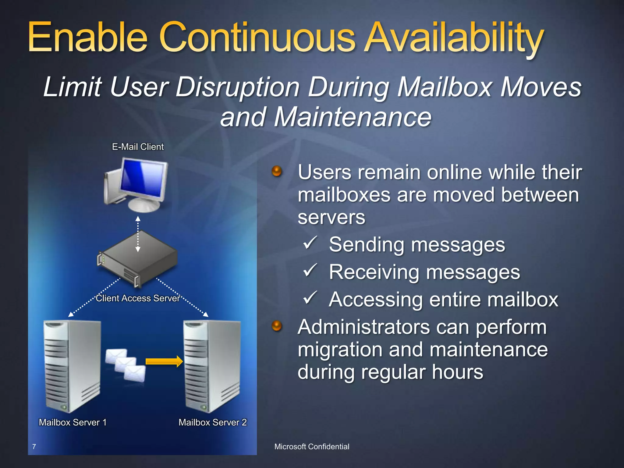 Enable Continuous Availability Limit User Disruption During Mailbox Moves and MaintenanceE-Mail ClientUsers remain online while their mailboxes are moved between serversSending messages