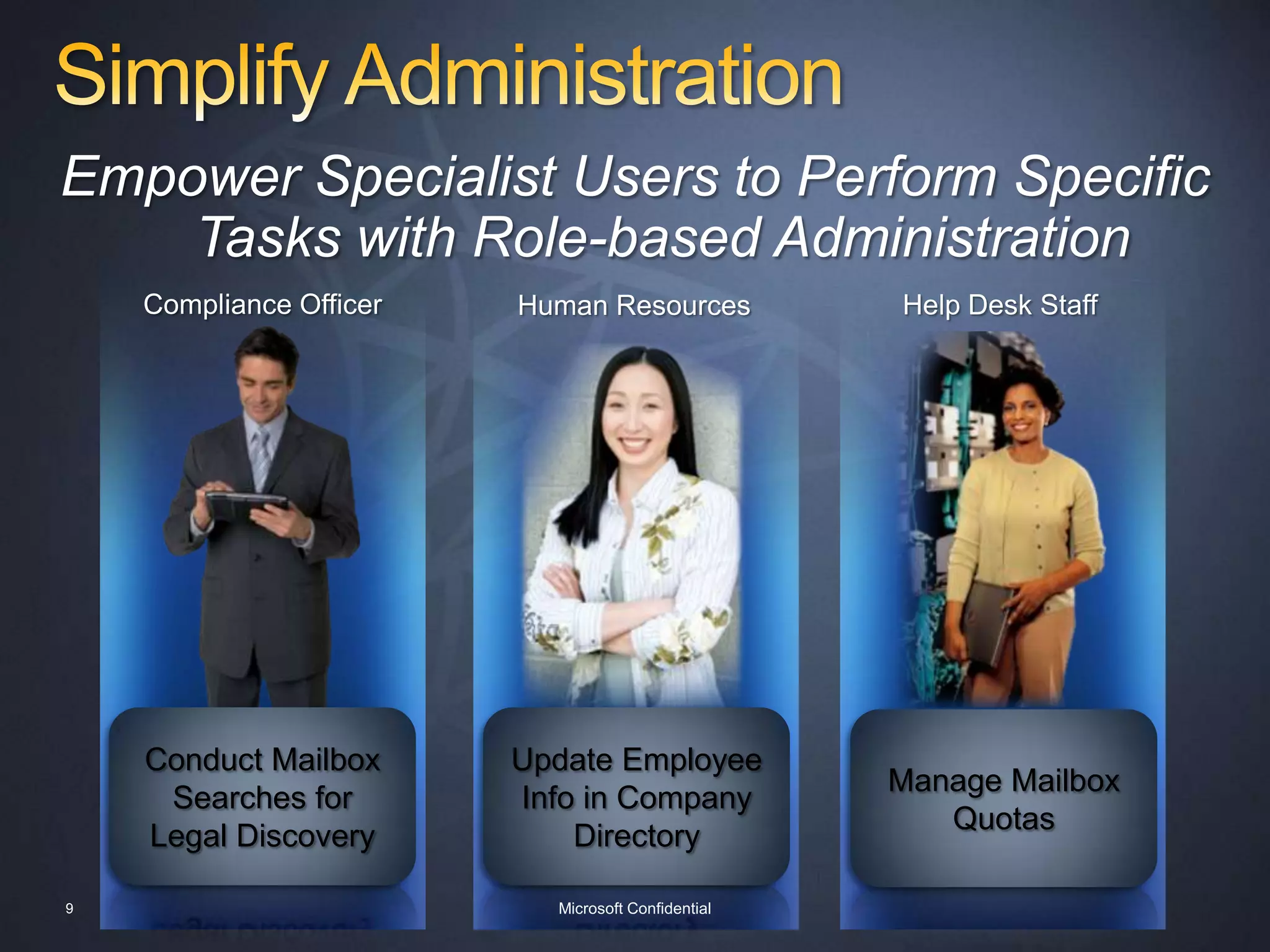 Accessing entire mailboxAdministrators can perform migration and maintenance during regular hoursClient Access ServerMailbox Server 1Mailbox Server 27Microsoft Confidential