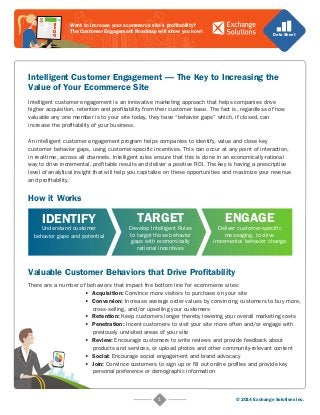 Intelligent Customer Engagement — The Key to Increasing the 
Value of Your Ecommerce Site 
Intelligent customer engagement is an innovative marketing approach that helps companies drive 
higher acquisition, retention and profitability from their customer base. The fact is, regardless of how 
valuable any one member is to your site today, they have “behavior gaps” which, if closed, can 
increase the profitability of your business. 
An intelligent customer engagement program helps companies to identify, value and close key 
customer behavior gaps, using customer-specific incentives. This can occur at any point of interaction, 
in real-time, across all channels. Intelligent rules ensure that this is done in an economically-rational 
way to drive incremental, profitable results and deliver a positive ROI. The key is having a prescriptive 
level of analytical insight that will help you capitalize on these opportunities and maximize your revenue 
and profitability. 
TARGET 
Develop Intelligent Rules 
to target those behavior 
gaps with economically 
rational incentives 
Valuable Customer Behaviors that Drive Profitability 
cross-selling, and/or upselling your customers 
• Retention: Keep customers longer thereby lowering your overall marketing costs 
• Penetration: Incent customers to visit your site more often and/or engage with 
previously unvisited areas of your site 
• Review: Encourage customers to write reviews and provide feedback about 
products and services, or upload photos and other community-relevant content 
• Social: Encourage social engagement and brand advocacy 
• Join: Convince customers to sign up or fill out online profiles and provide key 
personal preference or demographic information 
1 © 2014 Exchange Solutions Inc. 
IDENTIFY 
Understand customer 
behavior gaps and potential 
ENGAGE 
Deliver customer-specific 
messaging, to drive 
incremental behavior change 
How it Works 
Data Sheet 
Want to increase your ecommerce site’s profitability? 
The Customer Engagement Roadmap will show you how! 
There are a number of behaviors that impact the bottom line for ecommerce sites: 
• Acquisition: Convince more visitors to purchase on your site 
• Conversion: Increase average order values by convincing customers to buy more, 
 