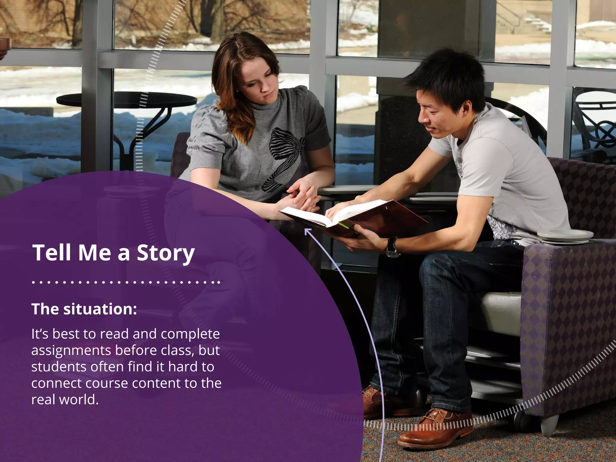 Tell Me a Story
The situation:
It’s best to read and complete
assignments before class, but
students often find it hard to
connect course content to the
real world.
 