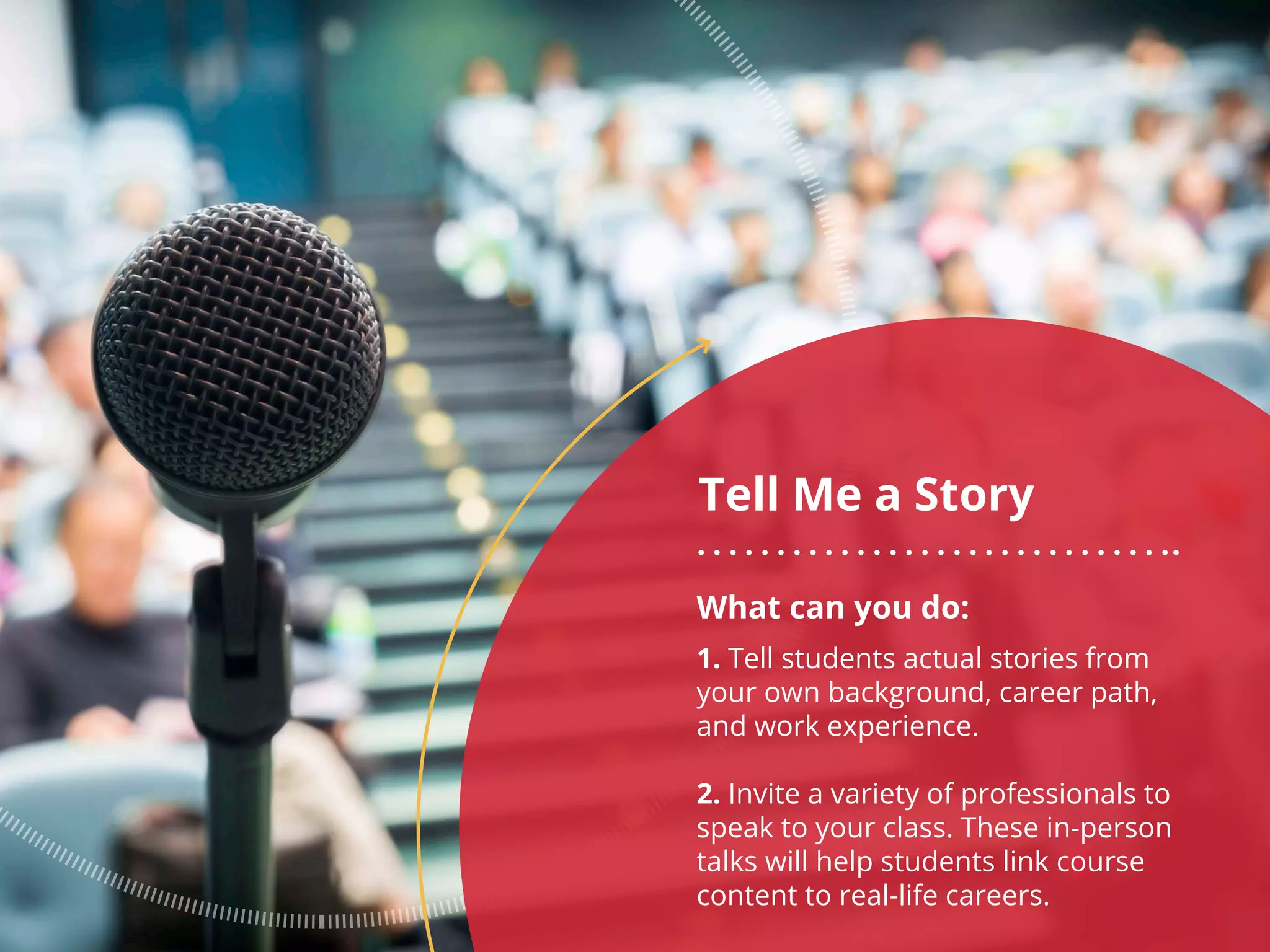 Tell Me a Story
What can you do:
1. Tell students actual stories from
your own background, career path,
and work experience.
2. Invite a variety of professionals to
speak to your class. These in-person
talks will help students link course
content to real-life careers.
 