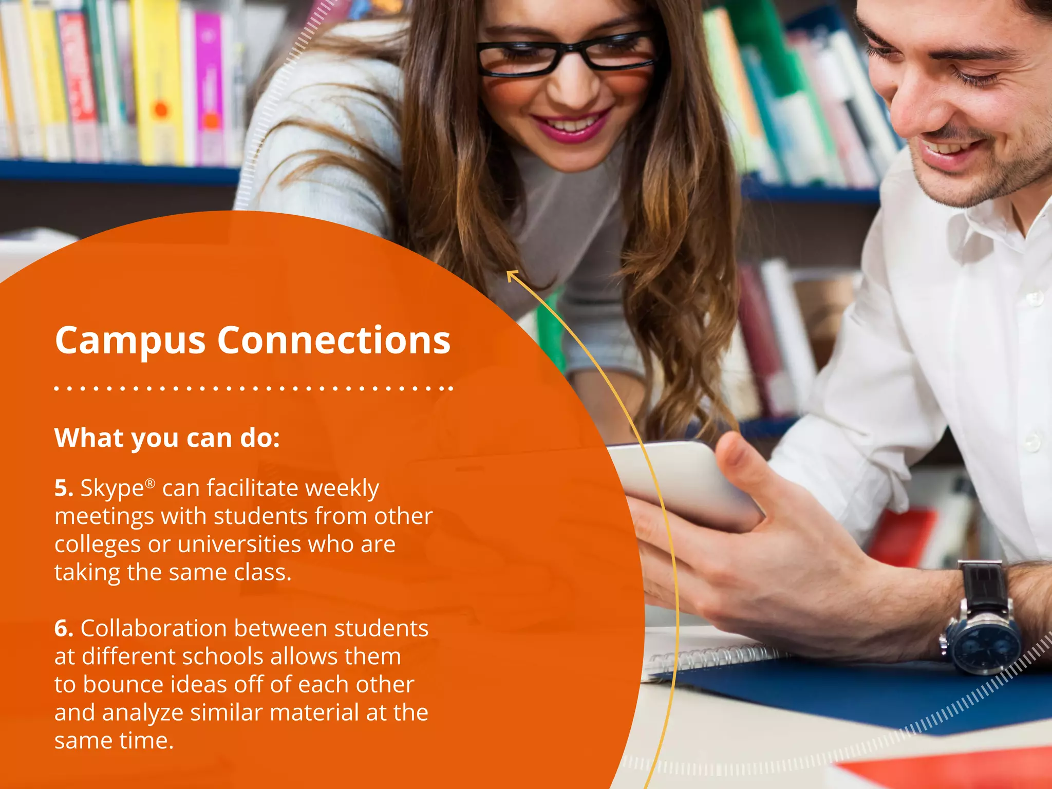 Campus Connections
What you can do:
5. Skype®
can facilitate weekly
meetings with students from other
colleges or universities who are
taking the same class.
6. Collaboration between students
at different schools allows them
to bounce ideas off of each other
and analyze similar material at the
same time.
 