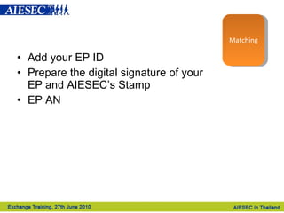 Add your EP ID Prepare the digital signature of your EP and AIESEC’s Stamp EP AN Preparation Matching 