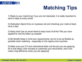 Matching Tips 1) Reply to your mails Even if you are not interested, it is really important to send a reply to every email! 2) Dedication Spend time on myaiesec.net and checking your mails at least once a day! 3) Keep track Use an excel sheet to keep track of all the TNs you have applied for and the follow up needed! 4) Be flexible Keep in mind your requirements, but try to be as flexible as possible when matching – especially on the regions and countries 5) Make sure your CV and motivational letter suit the job you are applying for It only takes a few minutes to customize your documents, and it can make a big difference when you are applying! 