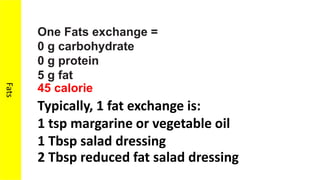 Fats
One Fats exchange =
0 g carbohydrate
0 g protein
5 g fat
45 calorie
Typically, 1 fat exchange is:
1 tsp margarine or vegetable oil
1 Tbsp salad dressing
2 Tbsp reduced fat salad dressing
 