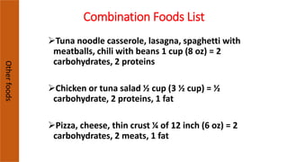 Combination Foods List
Tuna noodle casserole, lasagna, spaghetti with
meatballs, chili with beans 1 cup (8 oz) = 2
carbohydrates, 2 proteins
Chicken or tuna salad ½ cup (3 ½ cup) = ½
carbohydrate, 2 proteins, 1 fat
Pizza, cheese, thin crust ¼ of 12 inch (6 oz) = 2
carbohydrates, 2 meats, 1 fat
Otherfoods
 