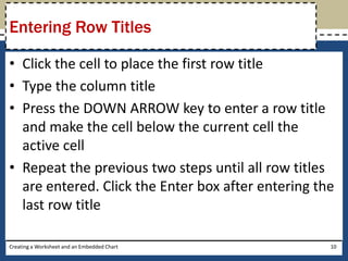 Entering Row Titles

• Click the cell to place the first row title
• Type the column title
• Press the DOWN ARROW key to enter a row title
  and make the cell below the current cell the
  active cell
• Repeat the previous two steps until all row titles
  are entered. Click the Enter box after entering the
  last row title

Creating a Worksheet and an Embedded Chart          10
 