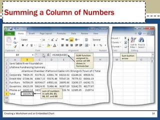 Summing a Column of Numbers




Creating a Worksheet and an Embedded Chart   14
 