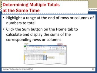Determining Multiple Totals
at the Same Time
• Highlight a range at the end of rows or columns of
  numbers to total
• Click the Sum button on the Home tab to
  calculate and display the sums of the
  corresponding rows or columns




Creating a Worksheet and an Embedded Chart         16
 