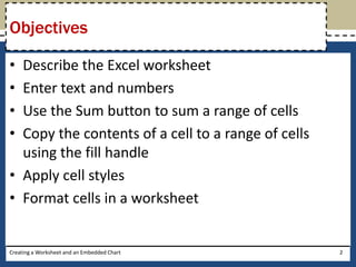 Objectives

• Describe the Excel worksheet
• Enter text and numbers
• Use the Sum button to sum a range of cells
• Copy the contents of a cell to a range of cells
  using the fill handle
• Apply cell styles
• Format cells in a worksheet


Creating a Worksheet and an Embedded Chart          2
 