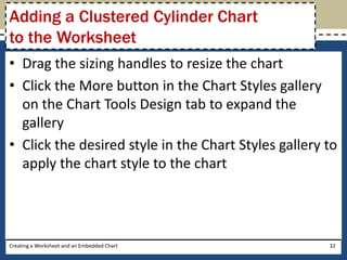 Adding a Clustered Cylinder Chart
to the Worksheet
• Drag the sizing handles to resize the chart
• Click the More button in the Chart Styles gallery
  on the Chart Tools Design tab to expand the
  gallery
• Click the desired style in the Chart Styles gallery to
  apply the chart style to the chart




Creating a Worksheet and an Embedded Chart            32
 