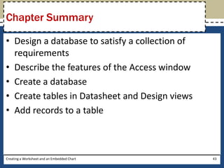 Chapter Summary

• Design a database to satisfy a collection of
  requirements
• Describe the features of the Access window
• Create a database
• Create tables in Datasheet and Design views
• Add records to a table



Creating a Worksheet and an Embedded Chart       43
 