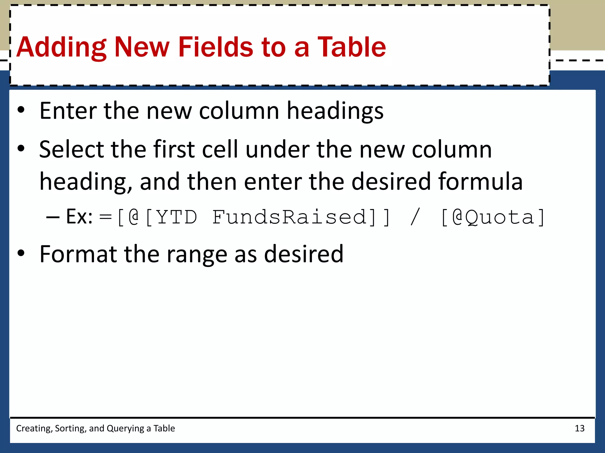 Adding New Fields to a Table

• Enter the new column headings
• Select the first cell under the new column
  heading, and then enter the desired formula
       – Ex: =[@[YTD FundsRaised]] / [@Quota]
• Format the range as desired




Creating, Sorting, and Querying a Table         13
 