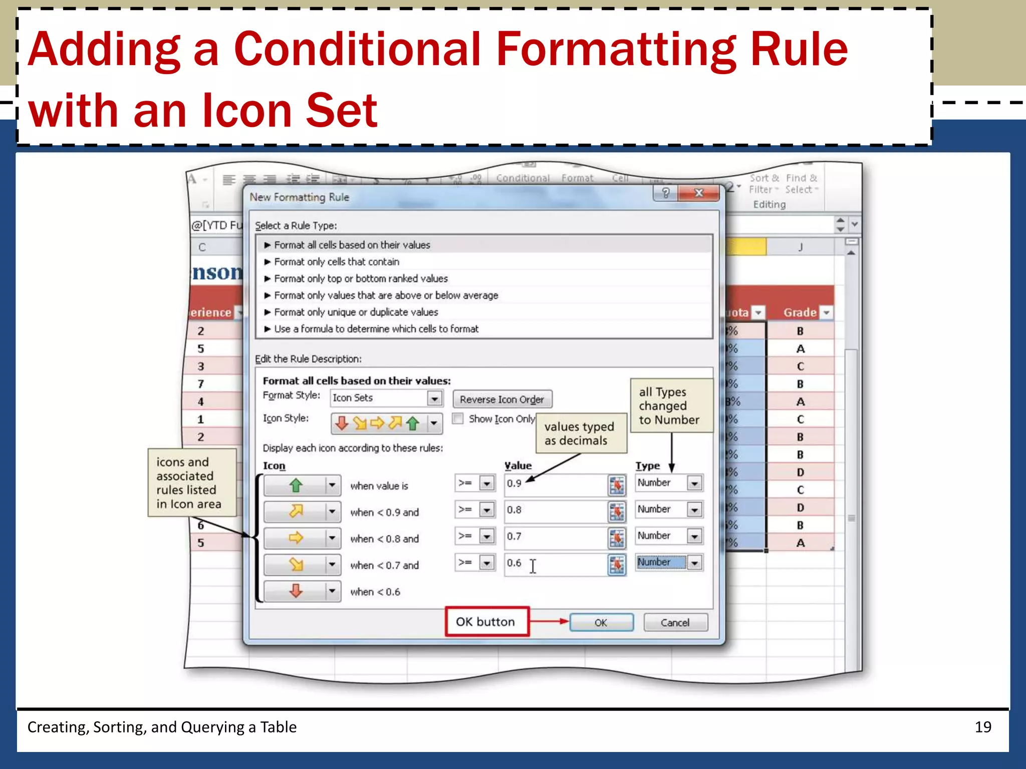 Adding a Conditional Formatting Rule
with an Icon Set




Creating, Sorting, and Querying a Table   19
 