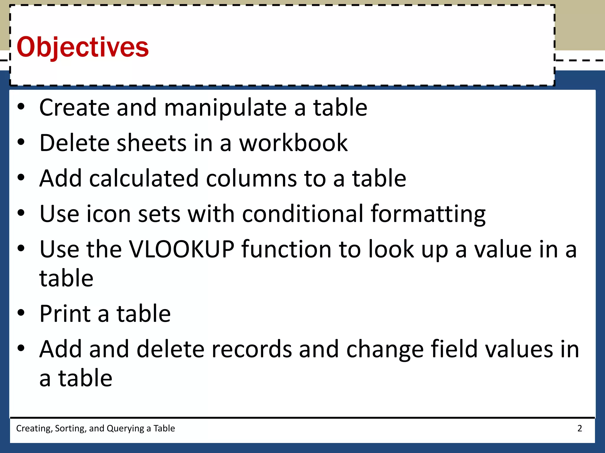 Objectives
• Create and manipulate a table
• Delete sheets in a workbook
• Add calculated columns to a table
• Use icon sets with conditional formatting
• Use the VLOOKUP function to look up a value in a
  table
• Print a table
• Add and delete records and change field values in
  a table
Creating, Sorting, and Querying a Table           2
 