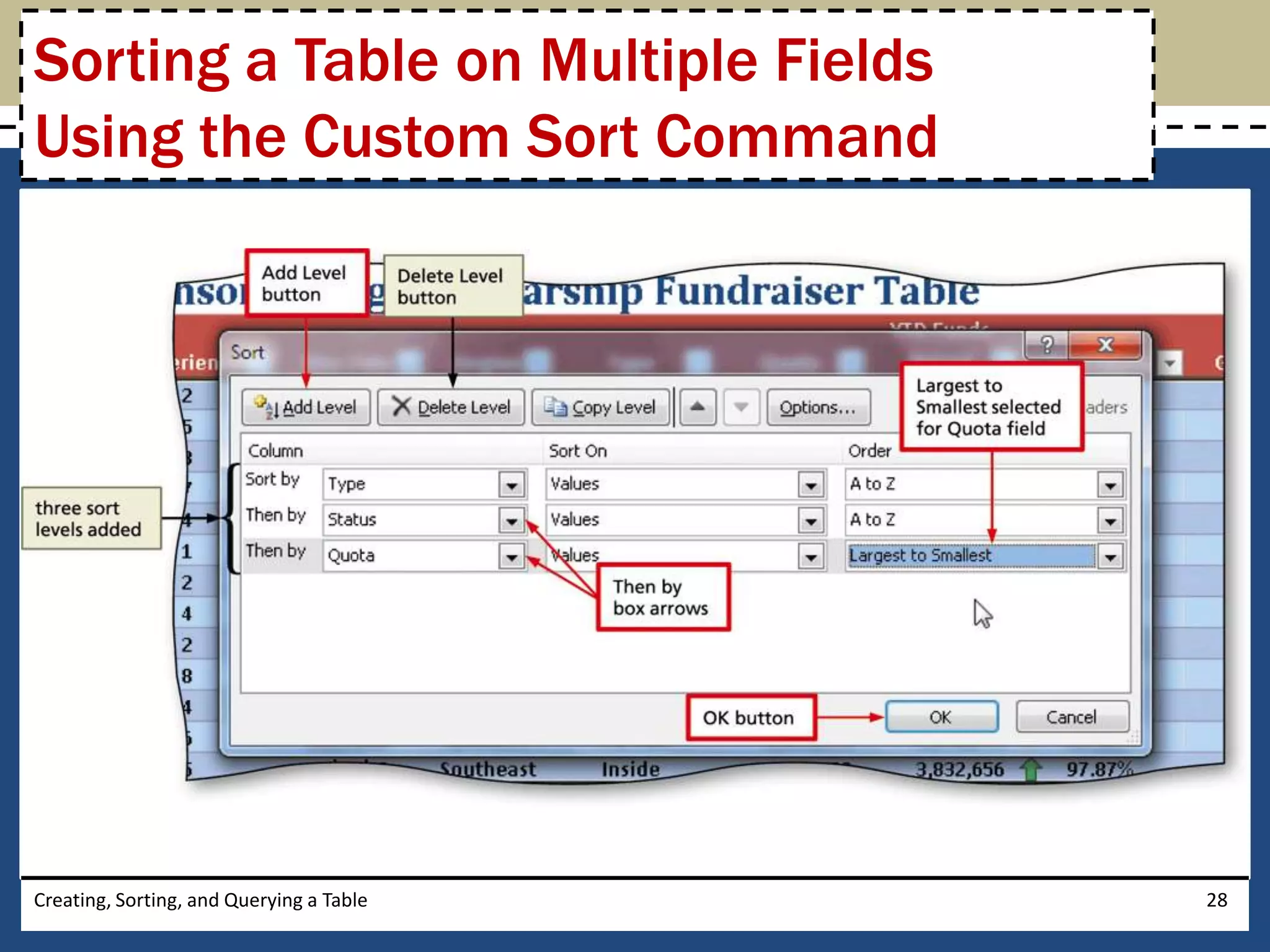 Sorting a Table on Multiple Fields
Using the Custom Sort Command




Creating, Sorting, and Querying a Table   28
 