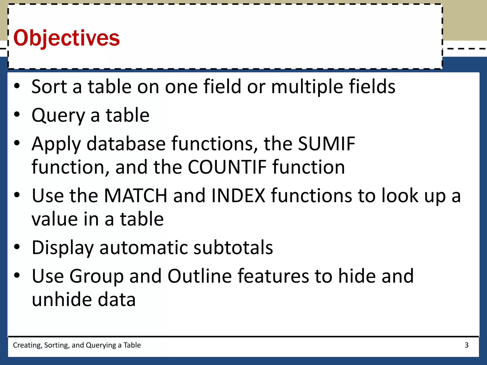 Objectives
• Sort a table on one field or multiple fields
• Query a table
• Apply database functions, the SUMIF
  function, and the COUNTIF function
• Use the MATCH and INDEX functions to look up a
  value in a table
• Display automatic subtotals
• Use Group and Outline features to hide and
  unhide data
Creating, Sorting, and Querying a Table            3
 